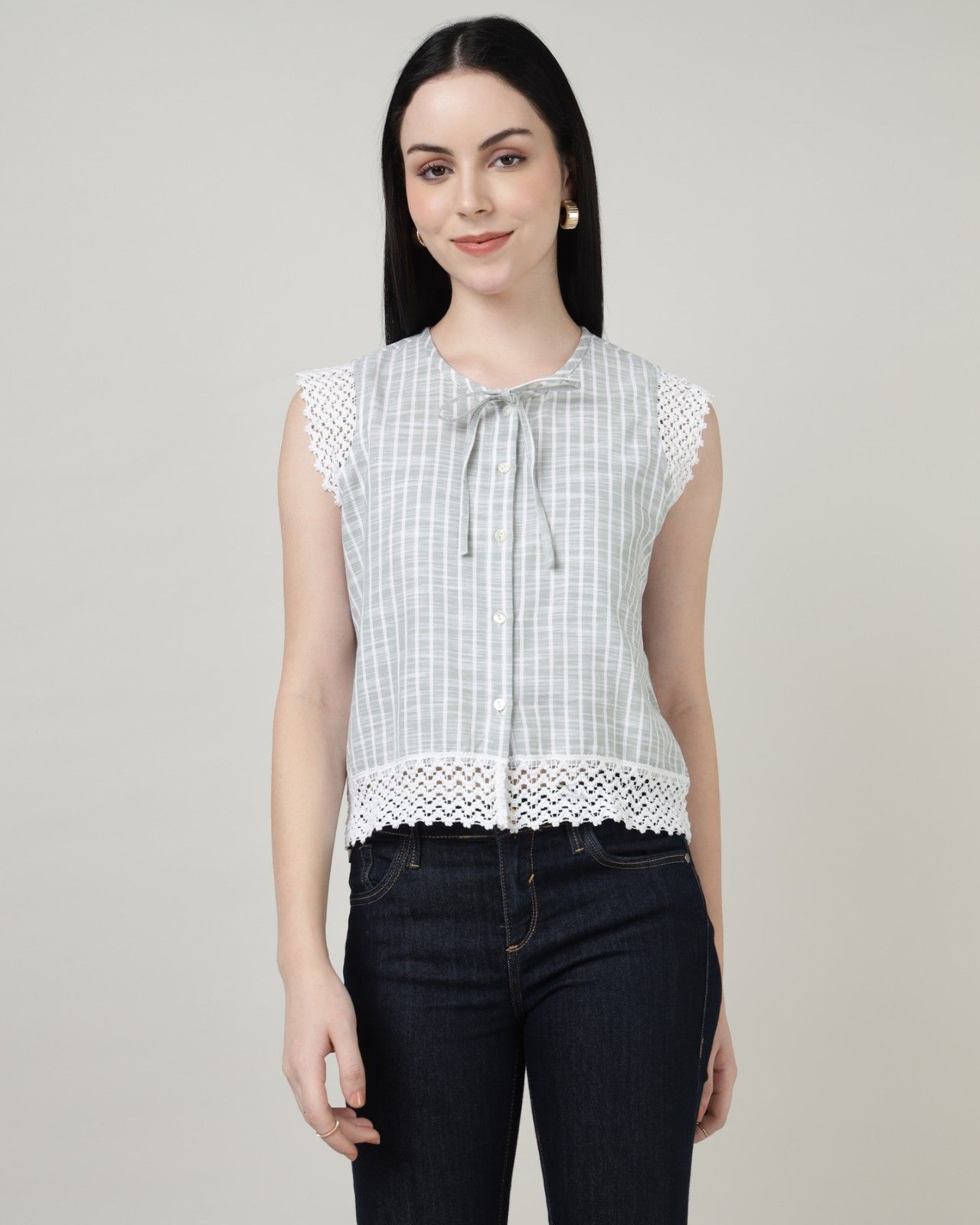 Lace with front tieup Green top shirt